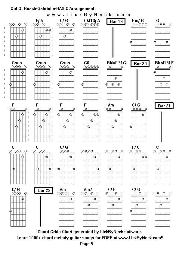 Chord Grids Chart of chord melody fingerstyle guitar song-Out Of Reach-Gabrielle-BASIC Arrangement,generated by LickByNeck software.